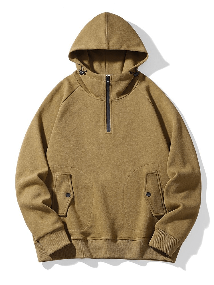 Men's khaki long sleeves half-zip hoodie with pockets for fashion and comfort, made from soft cotton-polyester fabric.
